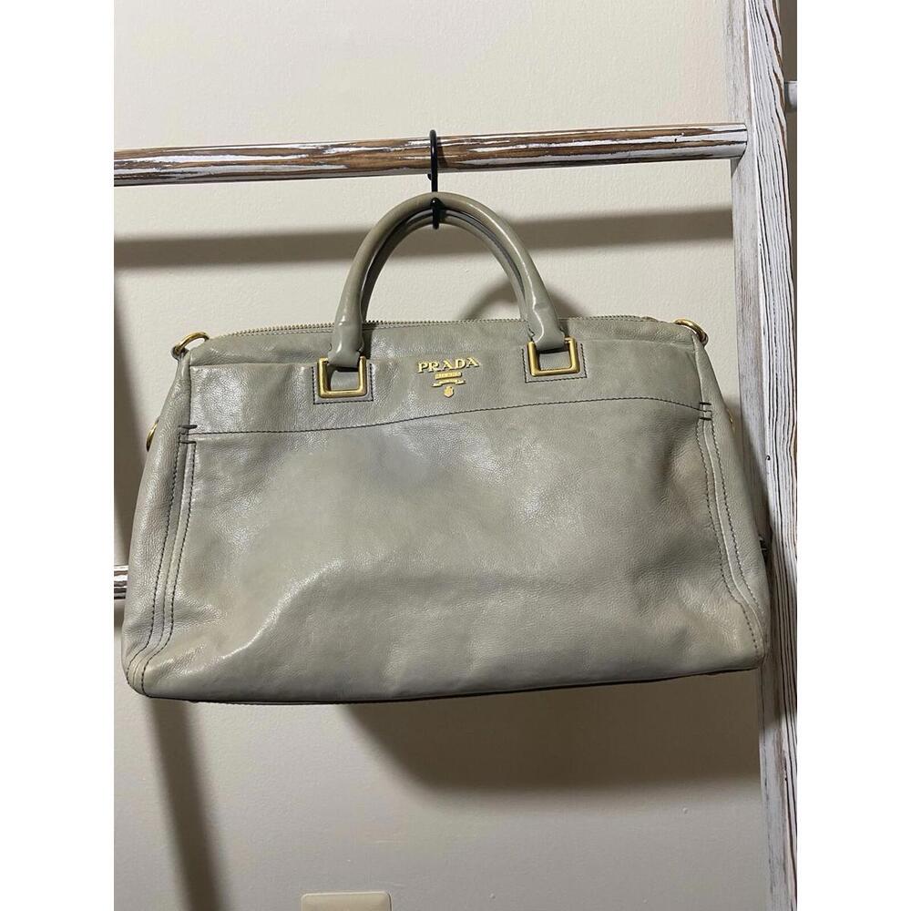 SOLD Prada gray glace calf leather 2way hand tote bag w strap